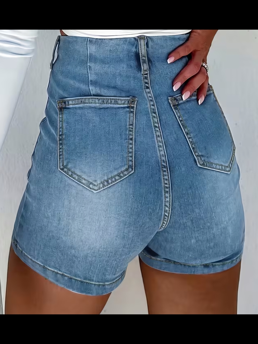 High-Rise Button-Front Denim Shorts - Blue - Picture 2 of 4